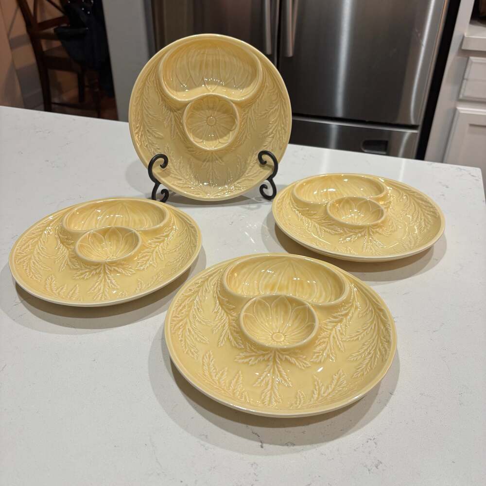 Yellow Ceramic Divided Appetizer Plates - Set of 4